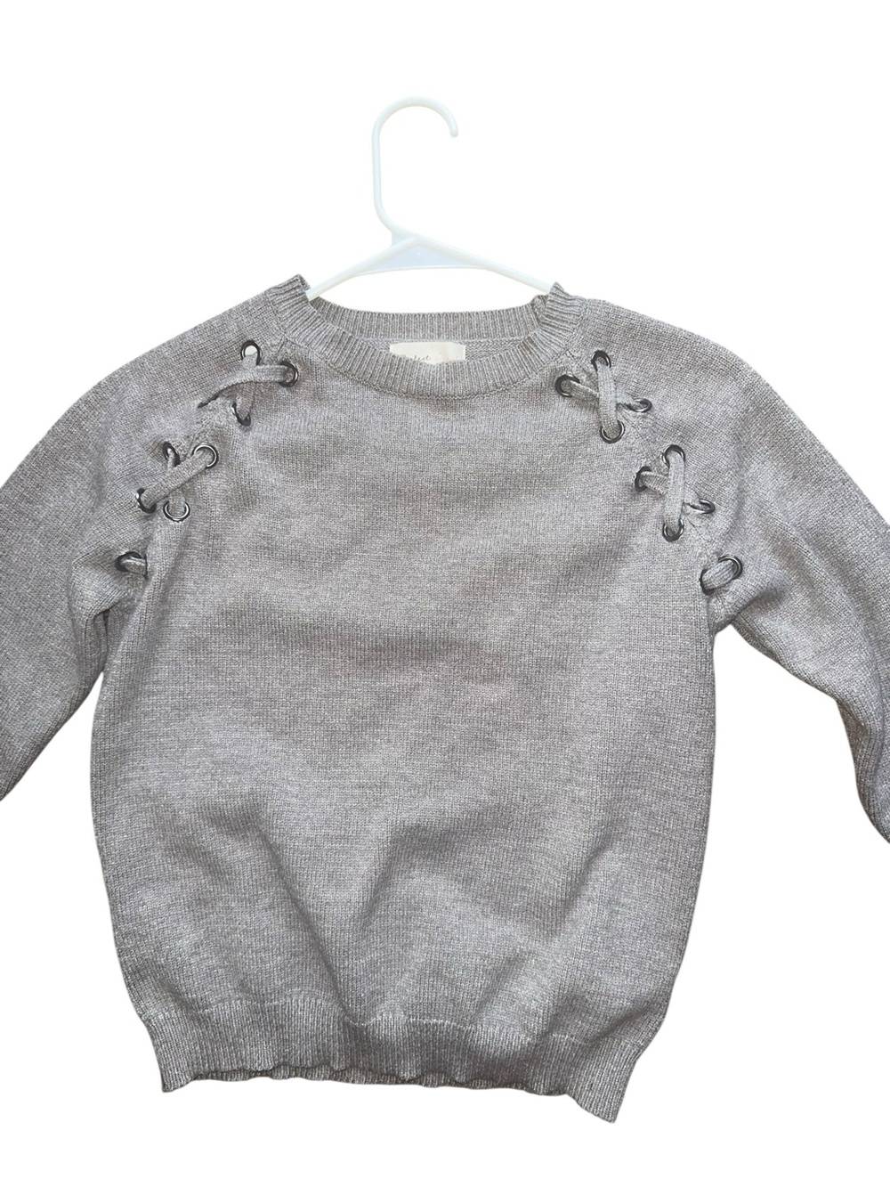 Lace-Up Shoulder Crewneck Sweater - Light Grey